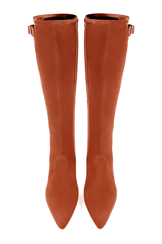 Terracotta orange women's knee-high boots with buckles. Tapered toe. High block heels. Made to measure. Top view - Florence KOOIJMAN